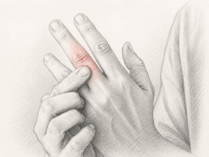 Desenho em lápis de uma pessoa tocando um dedo dolorido, com destaque em vermelho na articulação inflamada.