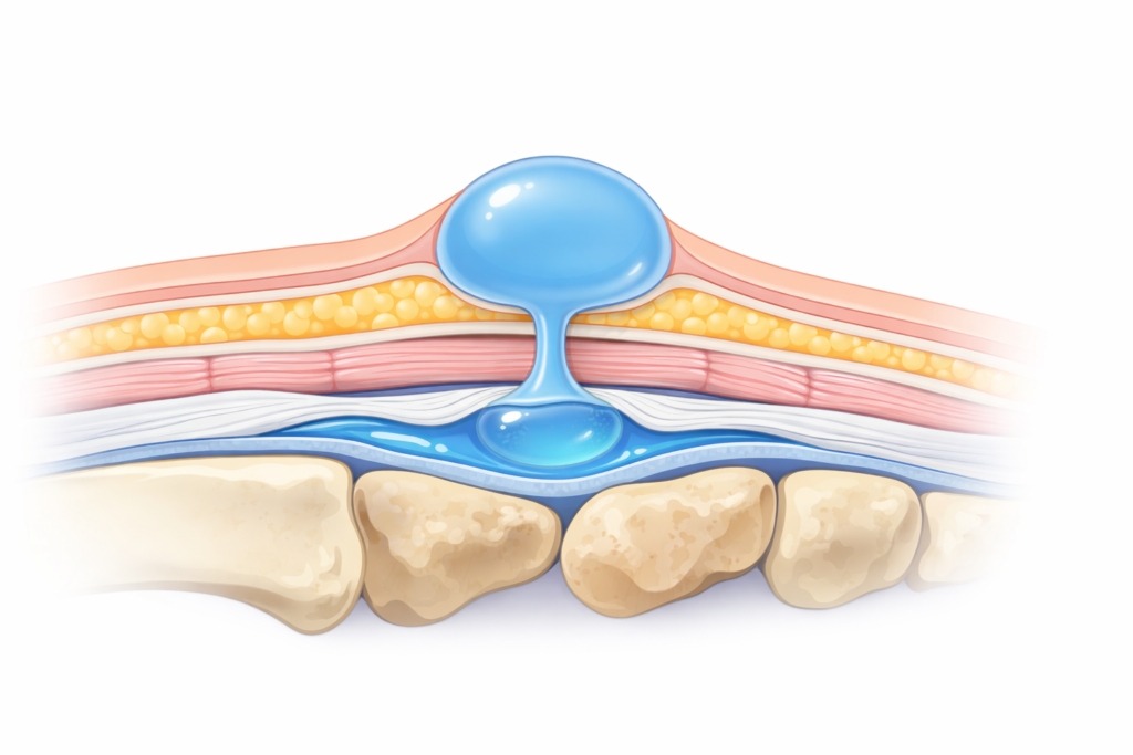 Ilustração anatômica do cisto sinovial no dorso do punho