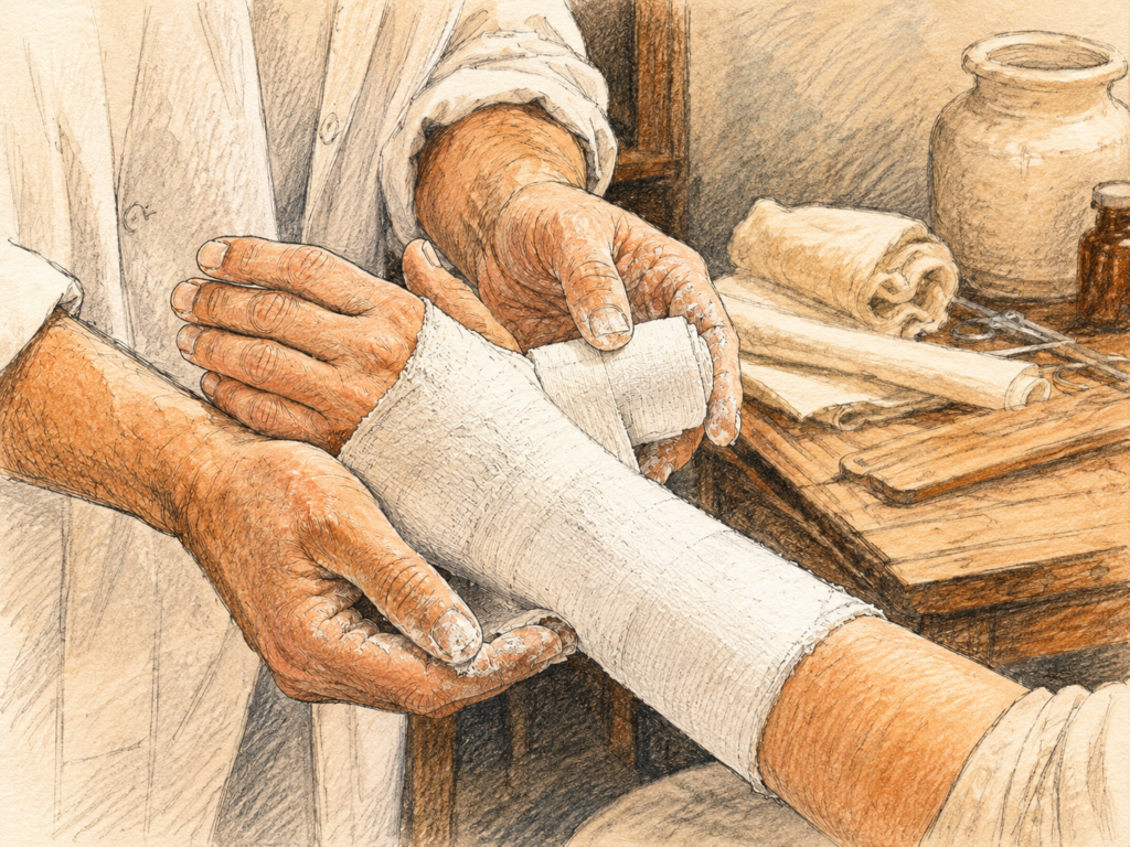 Ilustração feita à mão de um médico aplicando gesso no punho e antebraço de um paciente.