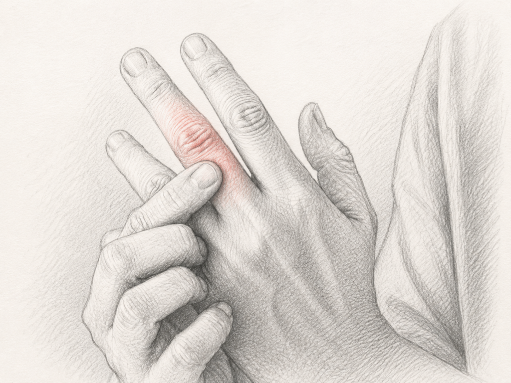 Desenho em lápis de uma pessoa tocando um dedo dolorido, com destaque em vermelho na articulação inflamada.